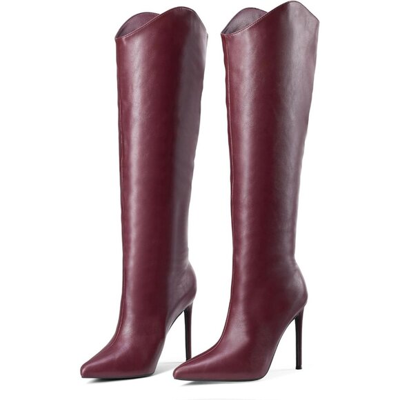 Women’s Knee High Boots, Pointed Toe, 4” Stiletto Heel, Wide Calf Slip-on Bootie - Picture 3 of 9